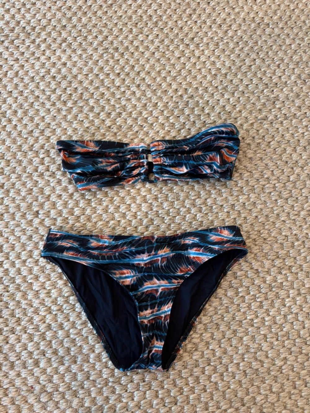 Ulla Johnson Blue and Orange Feather-Print Bandeau Bikini, size s